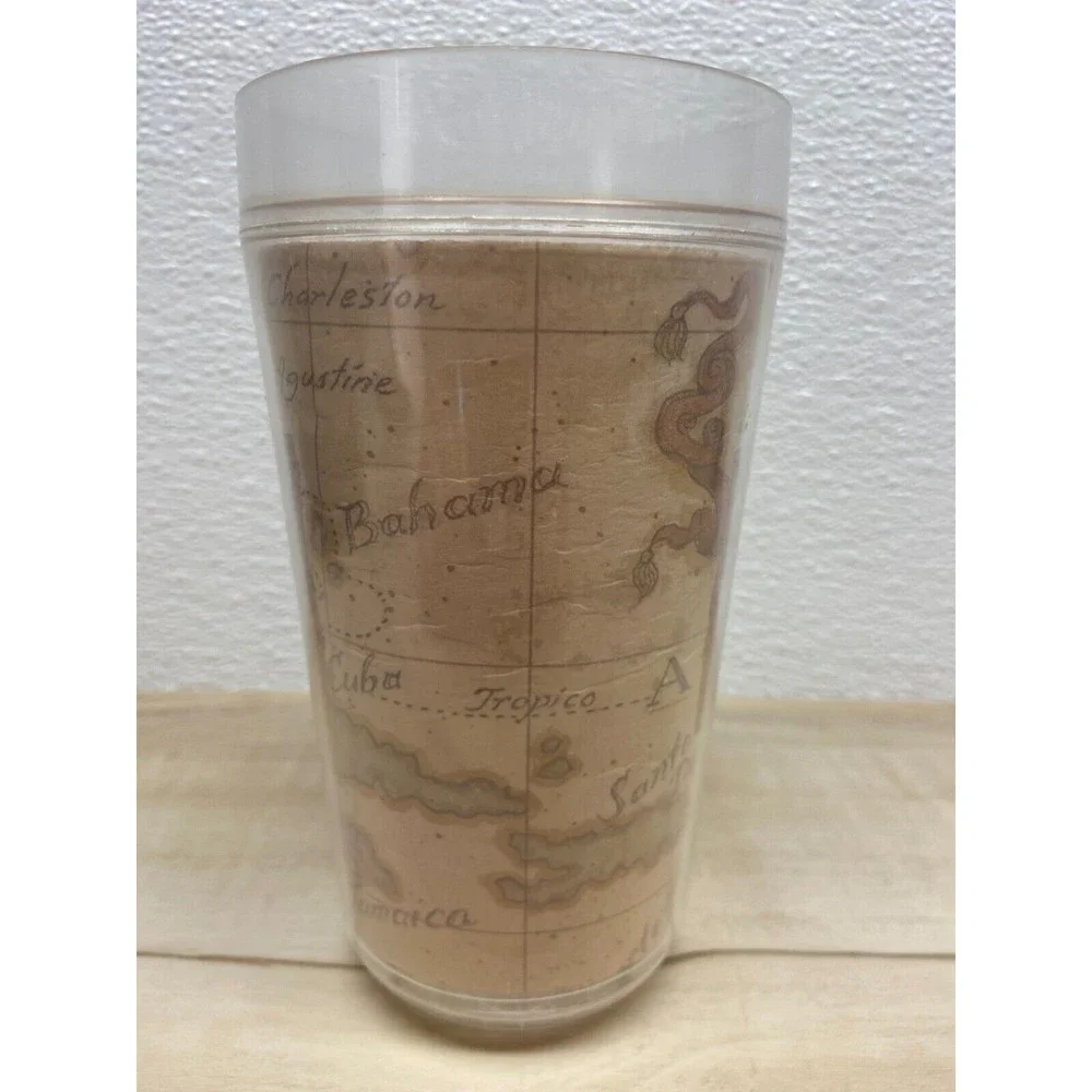 Vintage Thermo Serve Double Wall Plastic Islas De America Map Tumbler Large 20oz